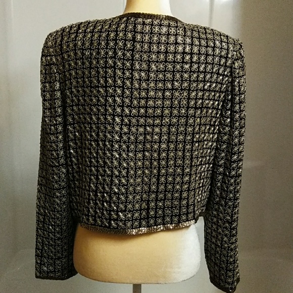 Vintage Laurence Kazar Black Silk Jacket with Gold Bugle Beads – Size PXL - Picture 5 of 8